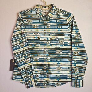 Rank 45 Shirt Women XL Teal Aztec Geometric Western Southwestern Pocket Bold NEW